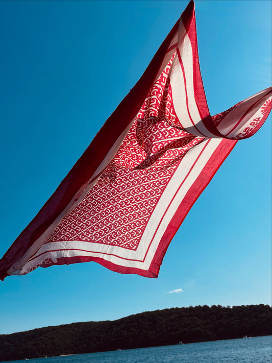 Red and white patterned scarf against a blue sky with a mountainous background